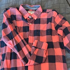Express Men's Bold Pink and Navy Checkered Shirt